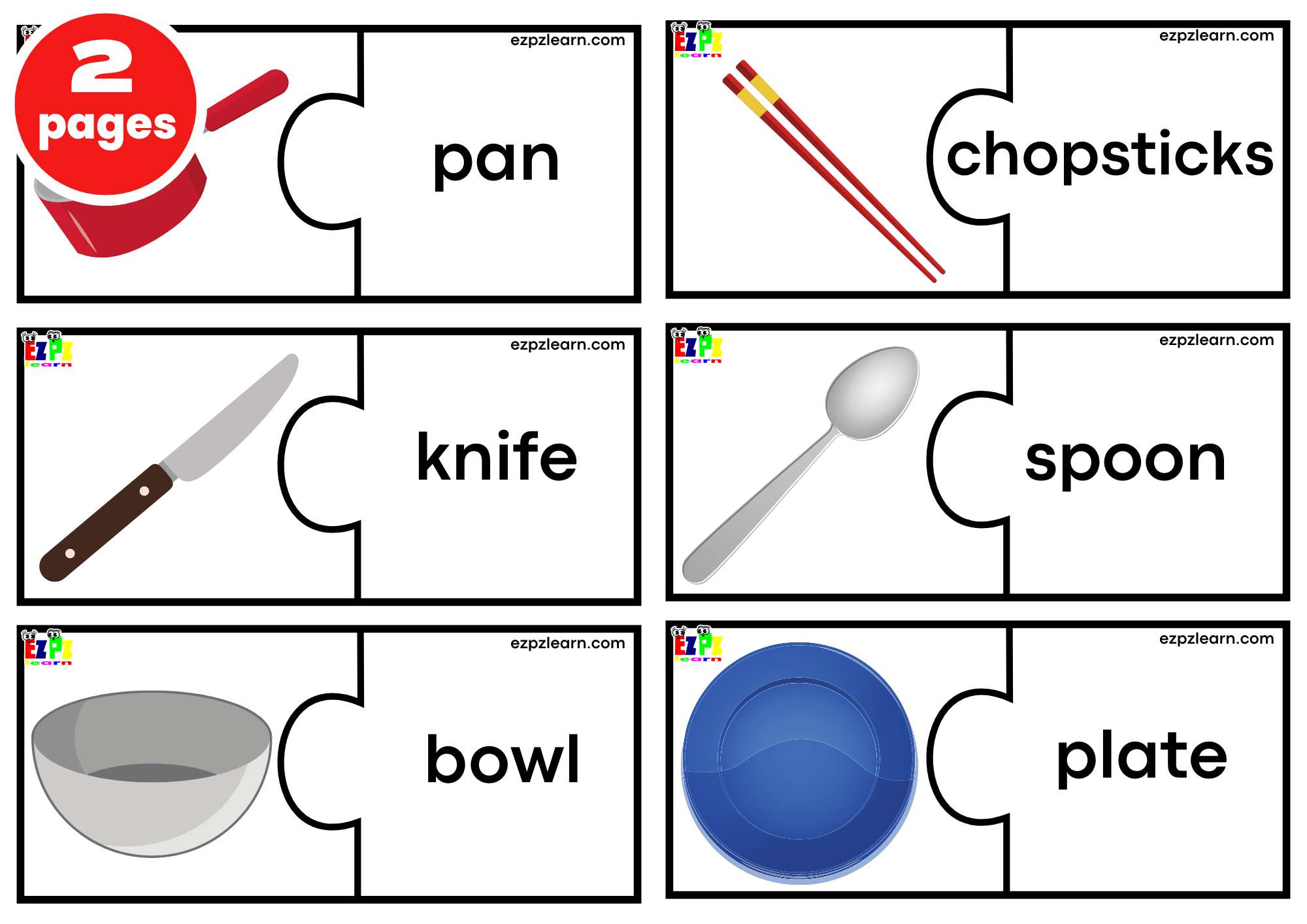 Kitchen Objects 1 Puzzle Match Game. Large Size 6 Words per page. Free PDF Download